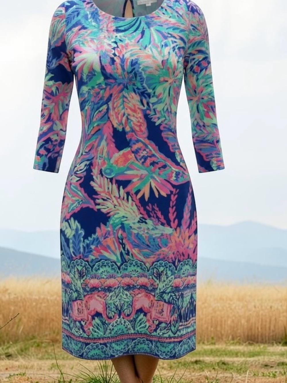 Lilly Pulitzer Navy Dress with Coral, Mint & Pale Yellow Tropical Print